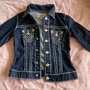 True Religion Jean Jacket S/P “Trucker Jacket” White Stitching Dark Blue